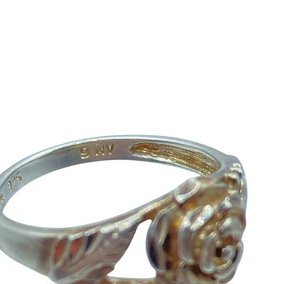 Vintage Sterling Silver 3D Rose Etched Ring Size 9 Signed NV Floral - Picture 9 of 11